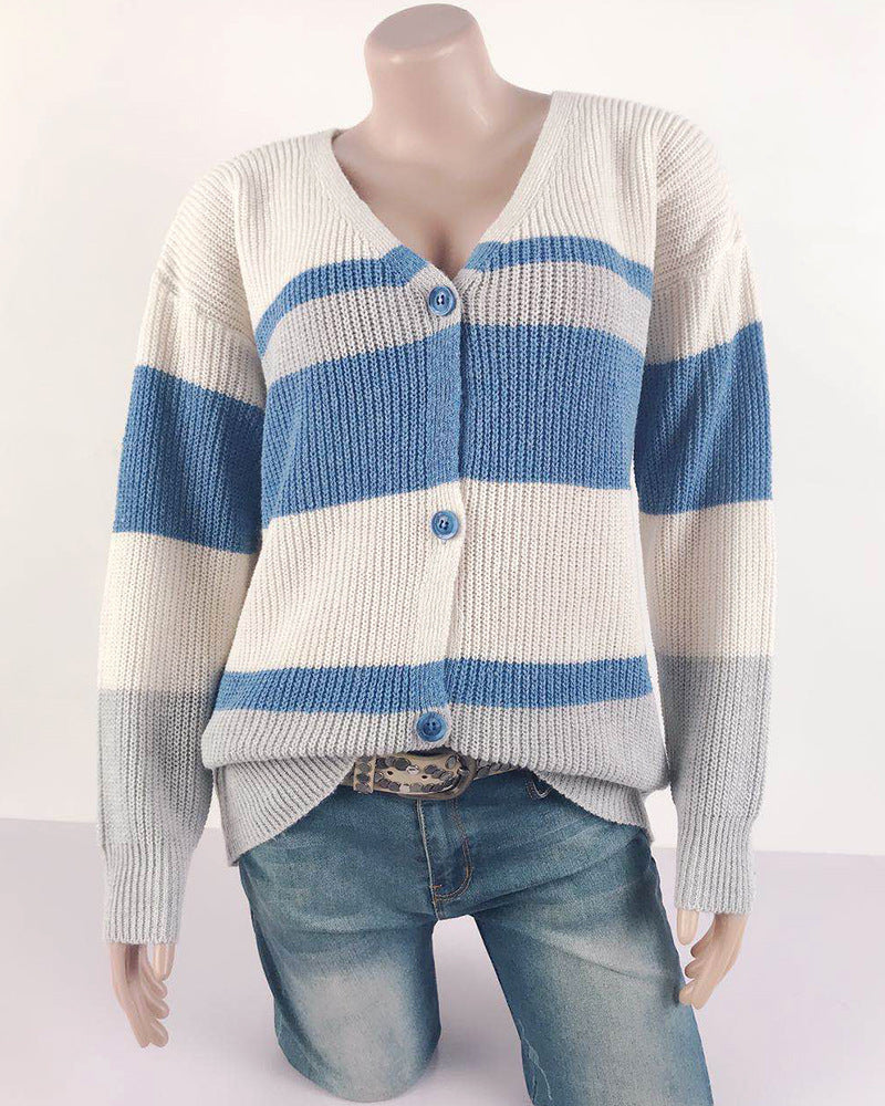 Button Down V-Neck Long Sleeve Knitted Sweater Blouse