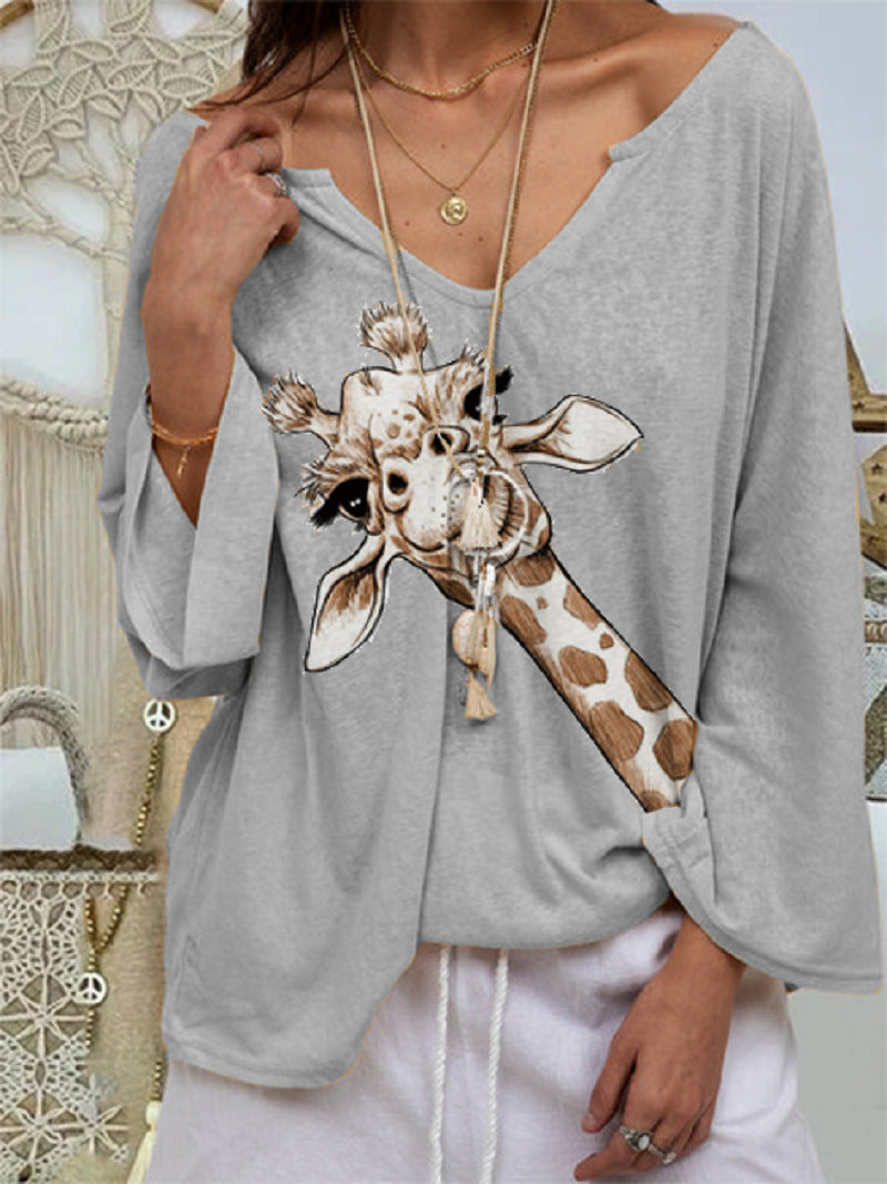Loose V Neck Graphic Printed Blouse Top