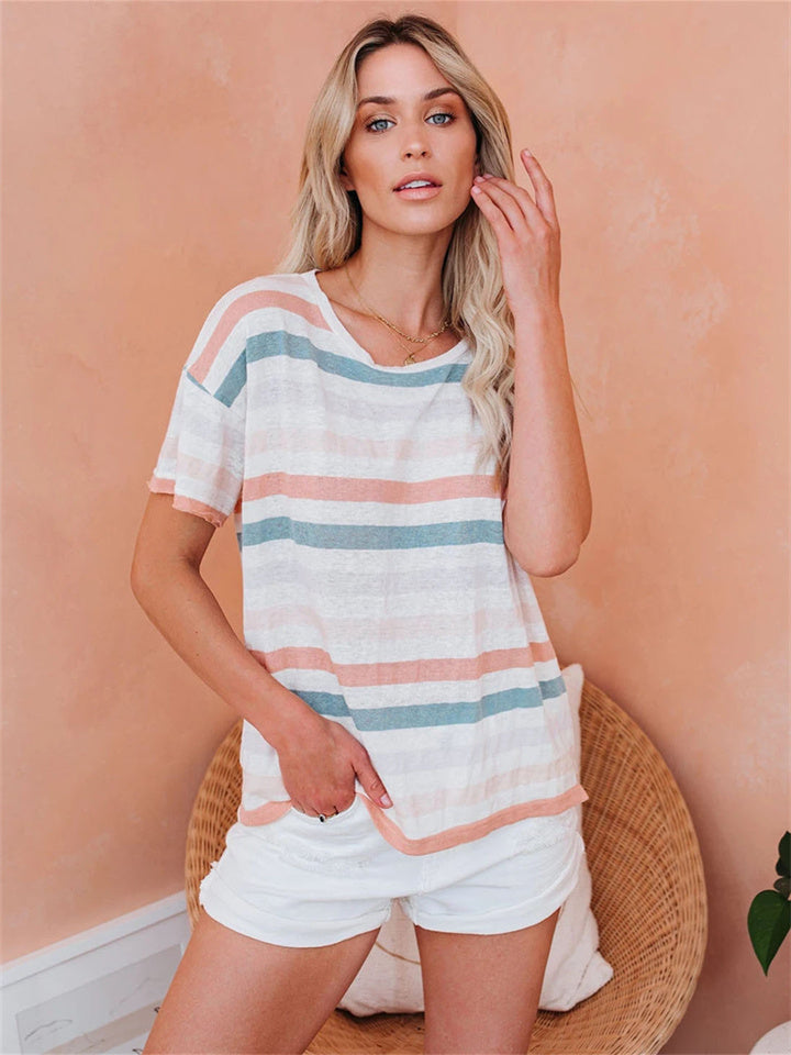 Summer New Striped Print Temperament Casual Round Neck Short-sleeved Fashion T-shirt Comfortable Casual Style S M L XL