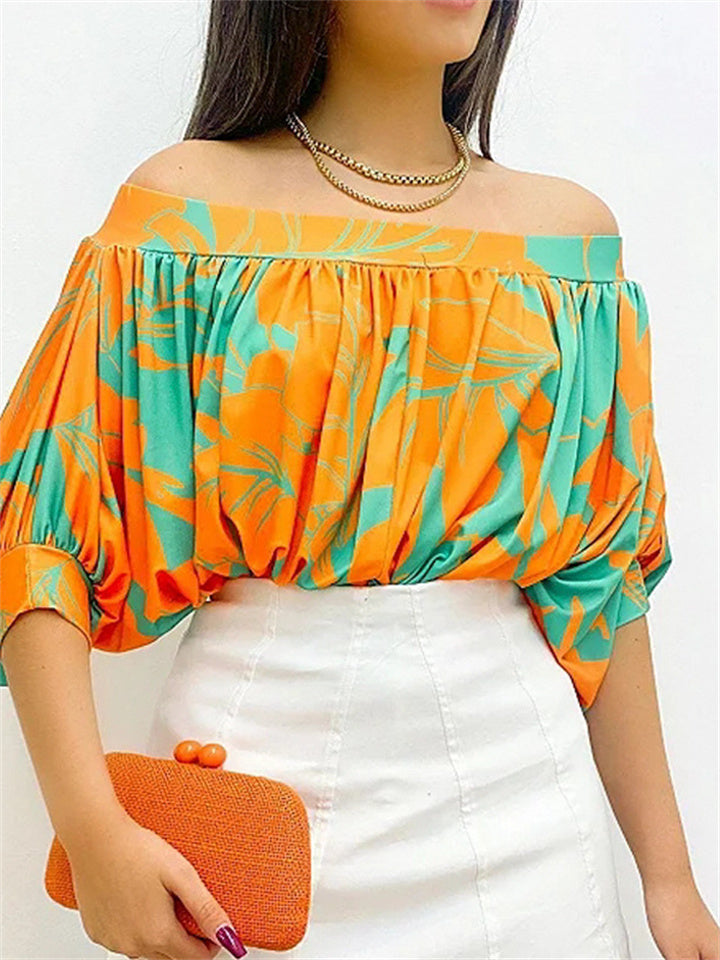 New Summer Women's Pleated Trim Strapless Loose A Neck Top Bat Sleeve Short Sleeve Comfortable Casual T Tops S-XL