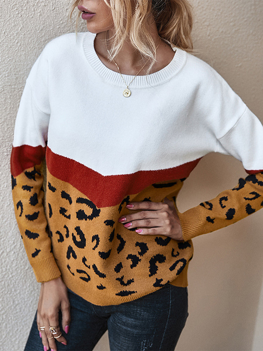 Women's Sweaters Trendy Color Block Leopard Print Round Neck Long Sleeved Sweater