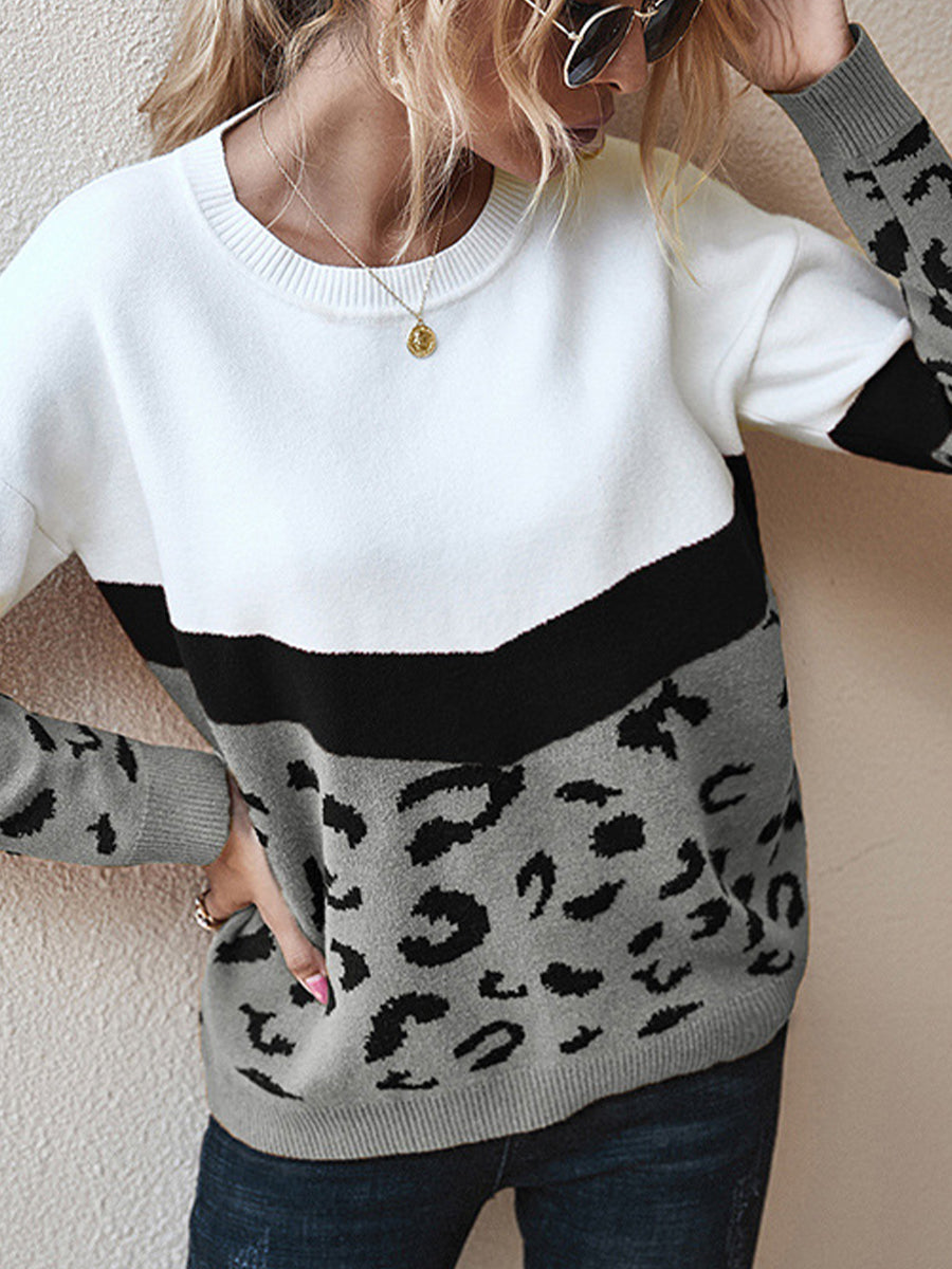 Women's Sweaters Trendy Color Block Leopard Print Round Neck Long Sleeved Sweater