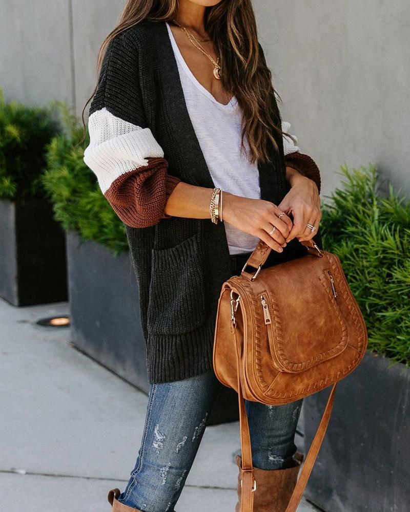 Color Block Long Sleeve Loose Knitted Coats