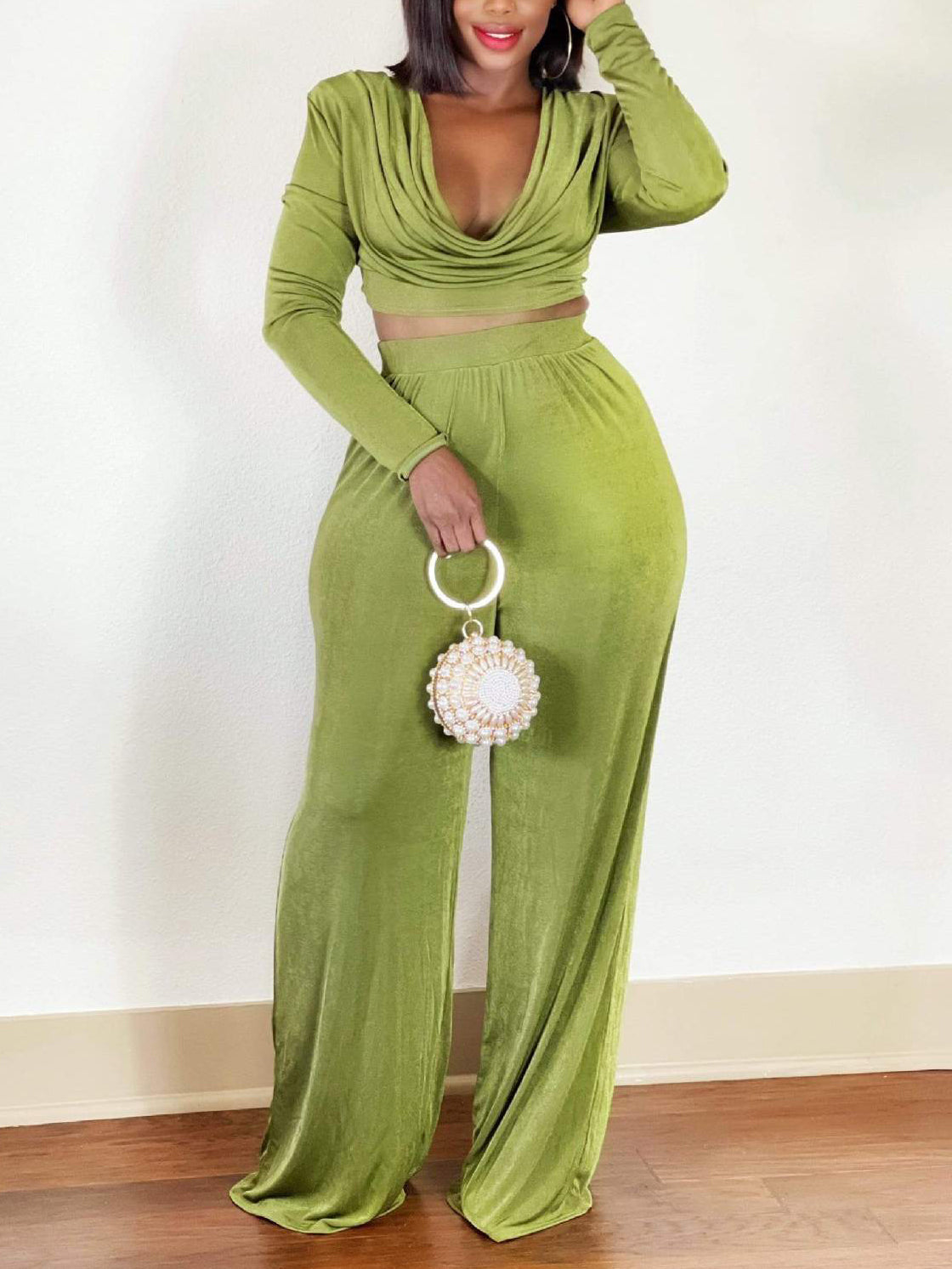 Two Piece Long Sleeve Backless Top and High Waist Wide Leg Pant Set