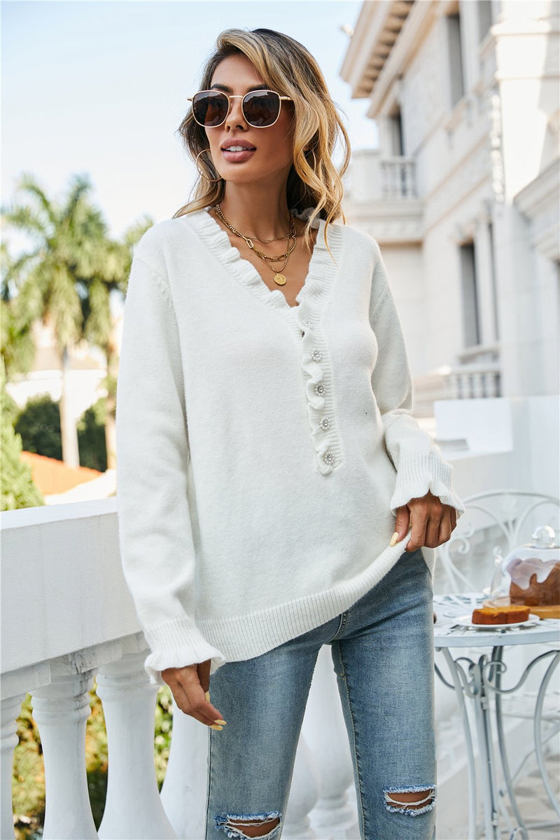 Button Up V Neck Long Sleeve Casual Sweater