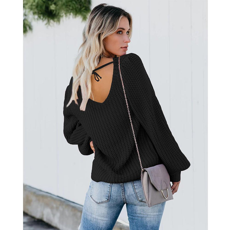 V Neck Long Sleeve Knit Off Shoulder Oversized Sweater