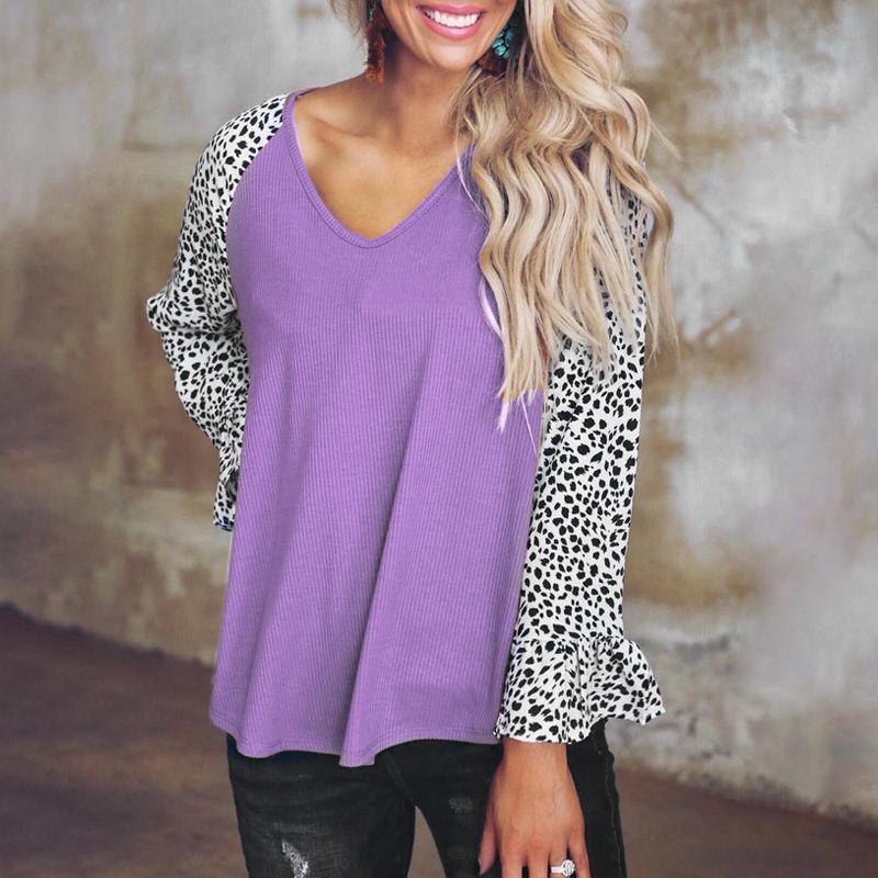 Casual Leopard Long Sleeve V Neck Top