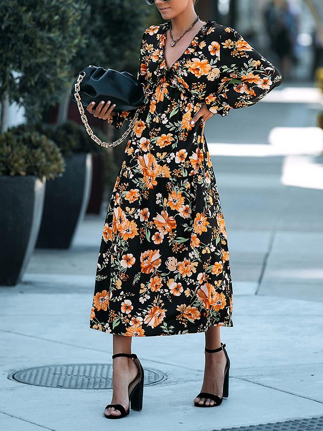 Floral Casual V Neck Long Sleeve Maxi Dress