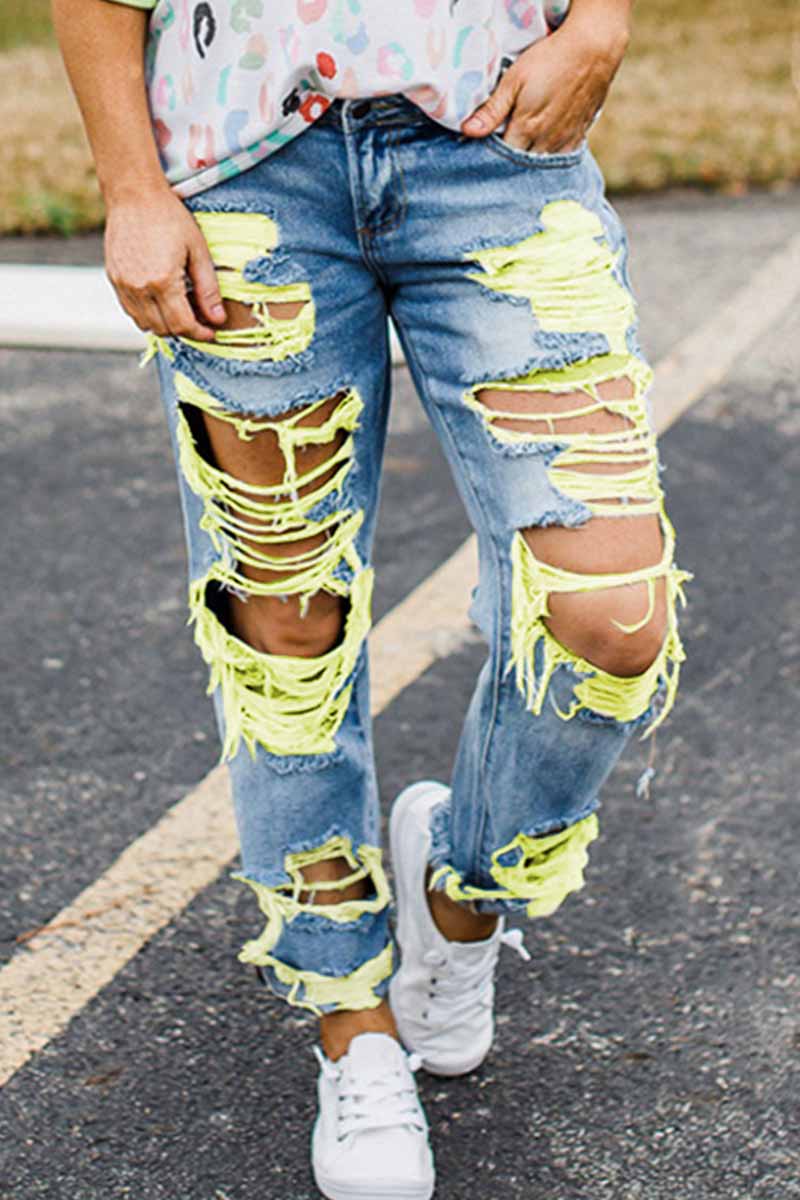 Florcoo Yellow Ripped Sexy Jeans