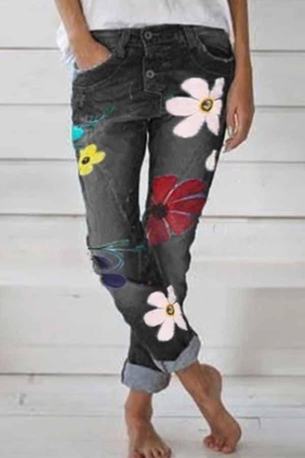 Regular Waist Flower Print Regular Fit Casual Wear Jeans