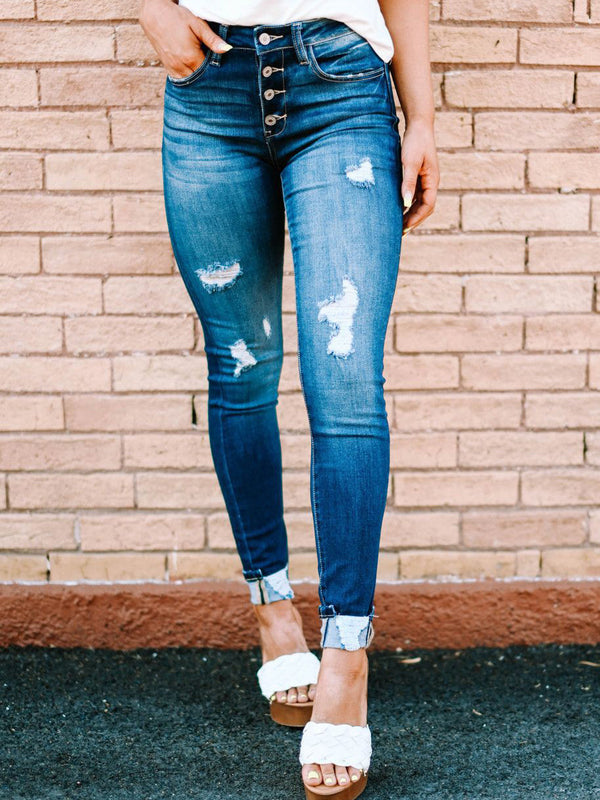 Stretchy High Waist Pocketed Ripped Denim Pants