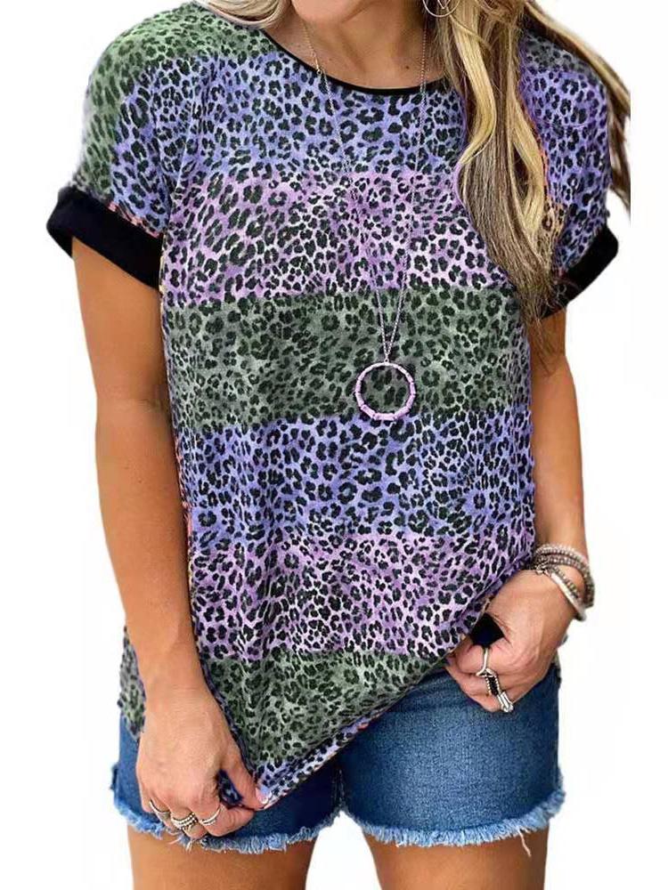 Round Neck Short Sleeves Leopard T-Shirt Tops