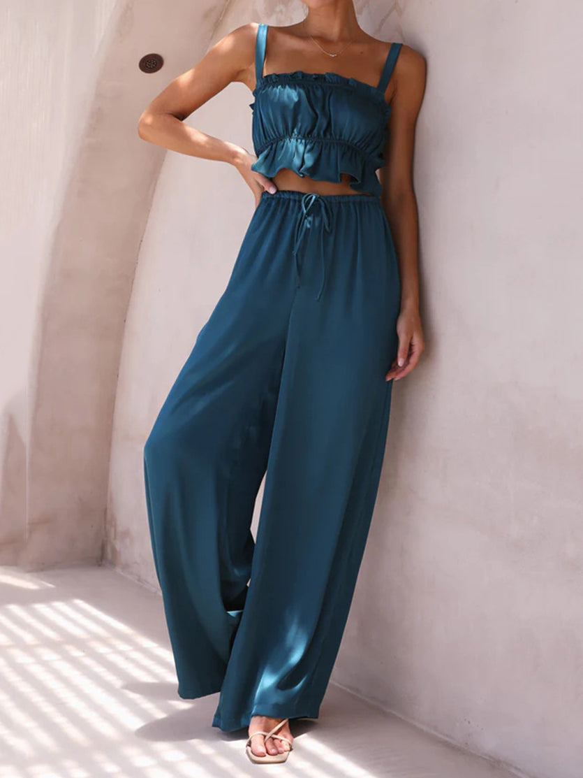 Two Piece Sleeveless Square Neck Solid Tank Top and Loose Pant Set