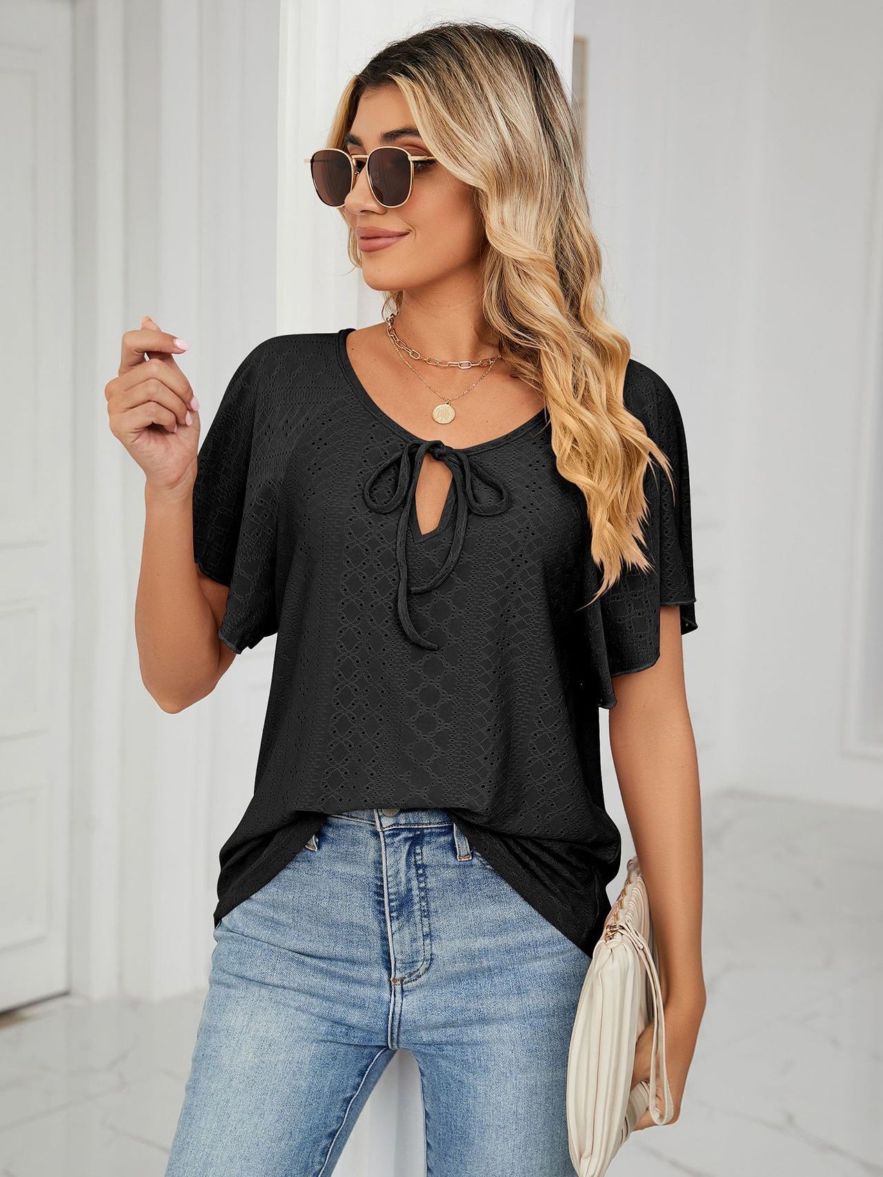 Round Neck Short Sleeve Solid Color Loose Top