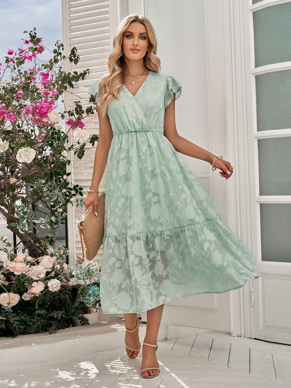 Elegant V-Neck Short Sleeves Lace Solid Maxi Dress