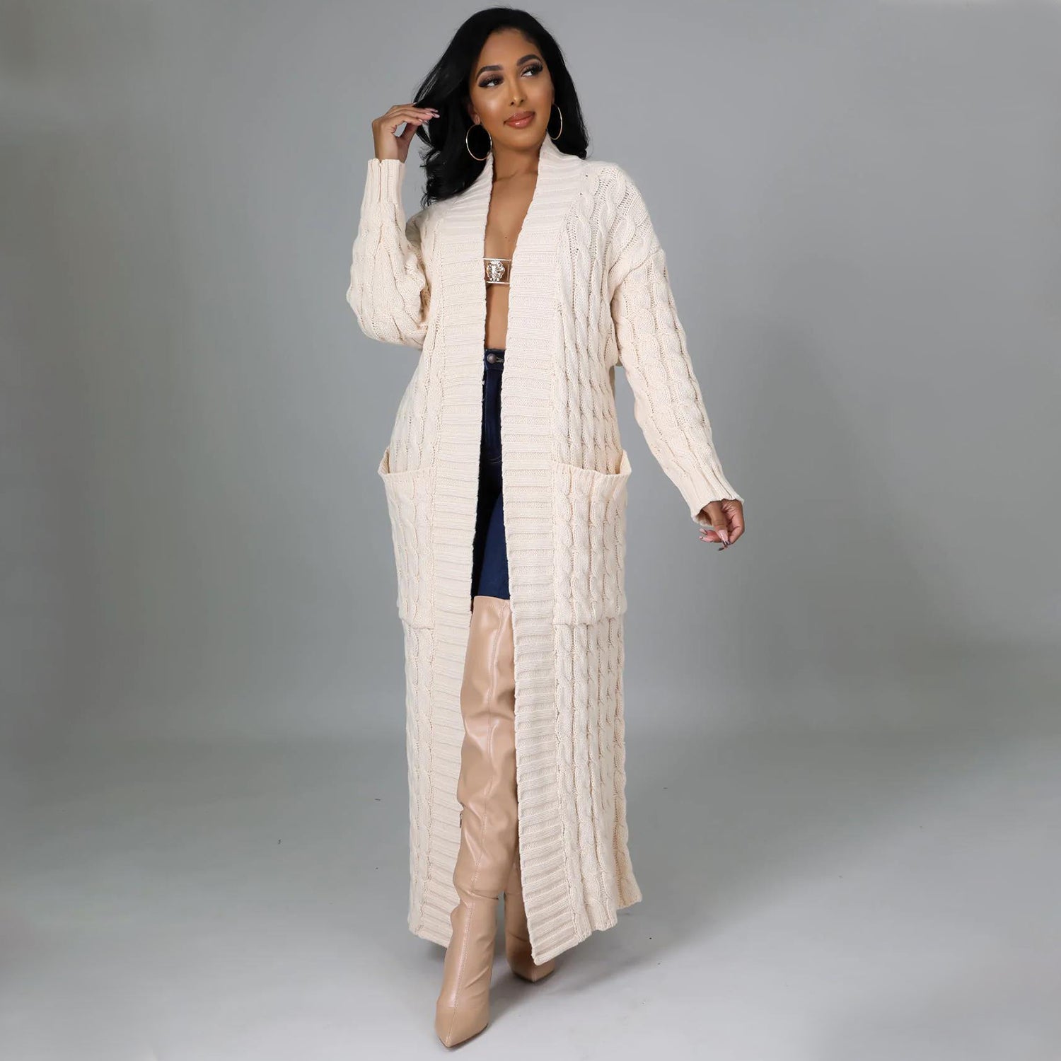 Elegant Solid Long Sleeve Knitted Long Cardigan