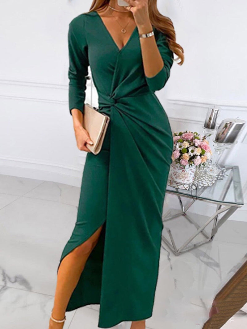 Elegant V-Neck Wrap Long Sleeve Solid Maxi Dress