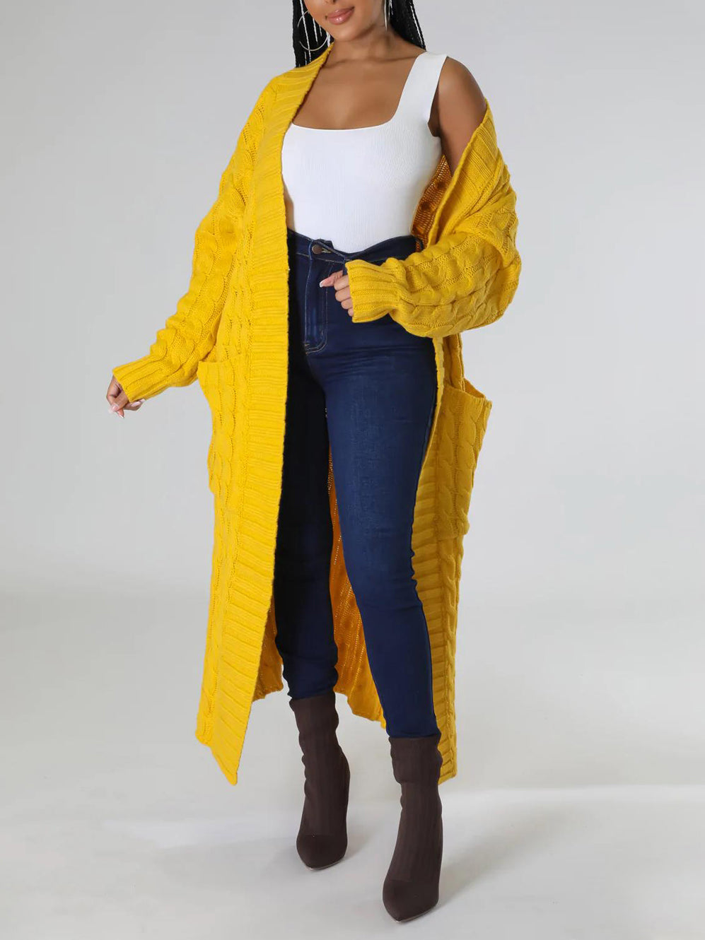 Elegant Solid Long Sleeve Knitted Long Cardigan
