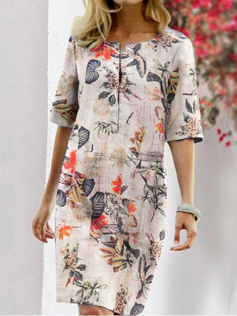 Casual Round Neck Floral Short Sleeve Midi Dress
