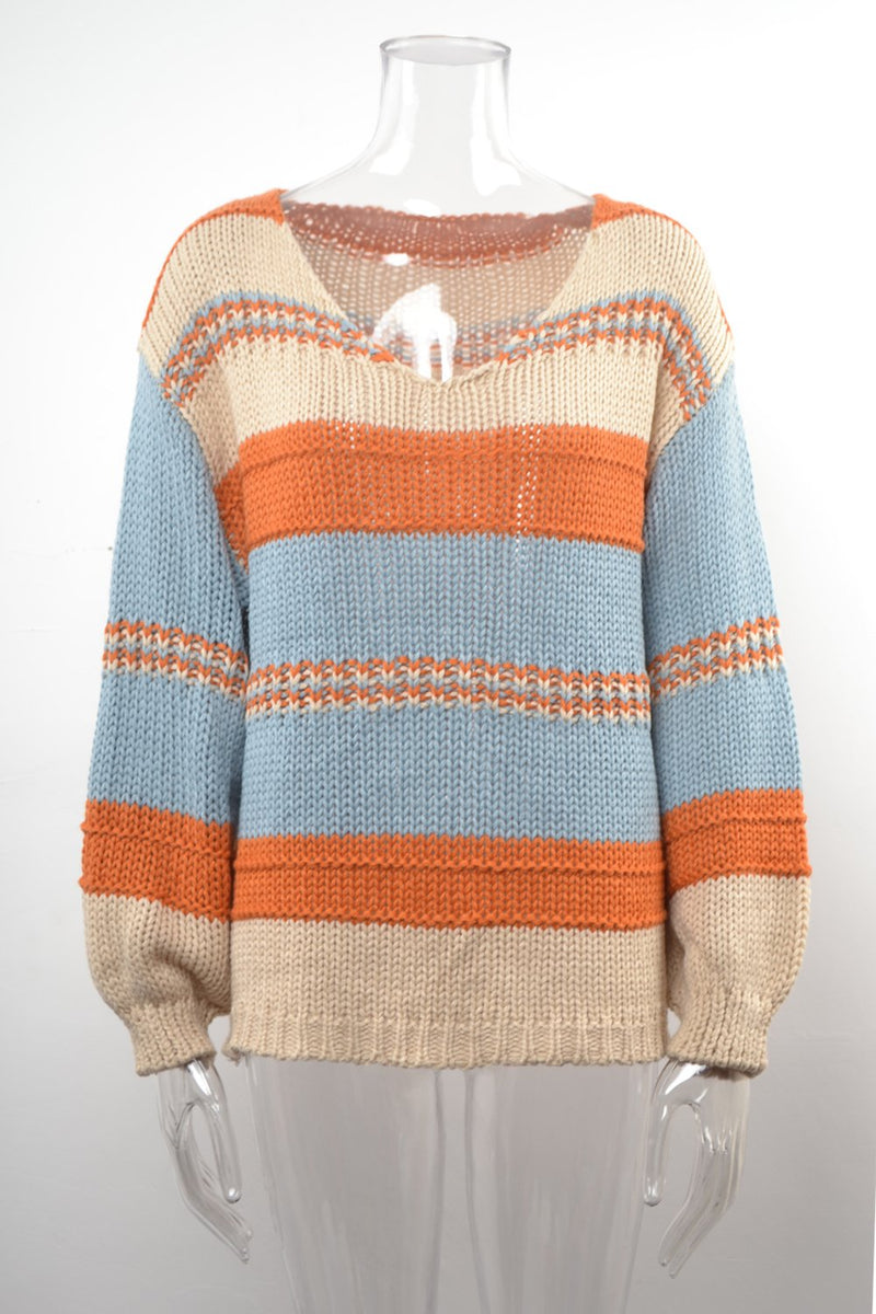 V Neck Long Sleeve Knit Color Block Sweater