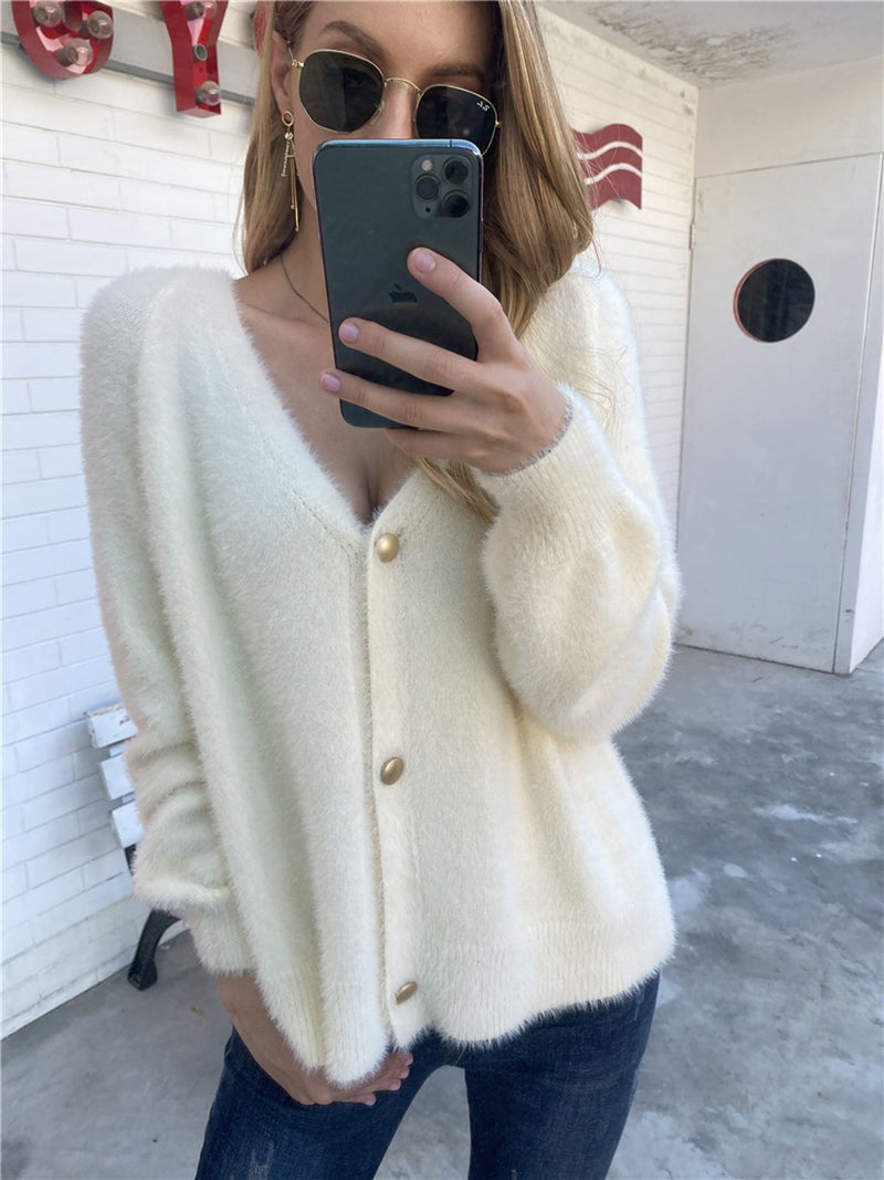 Solid Color Button V-neck Sweater