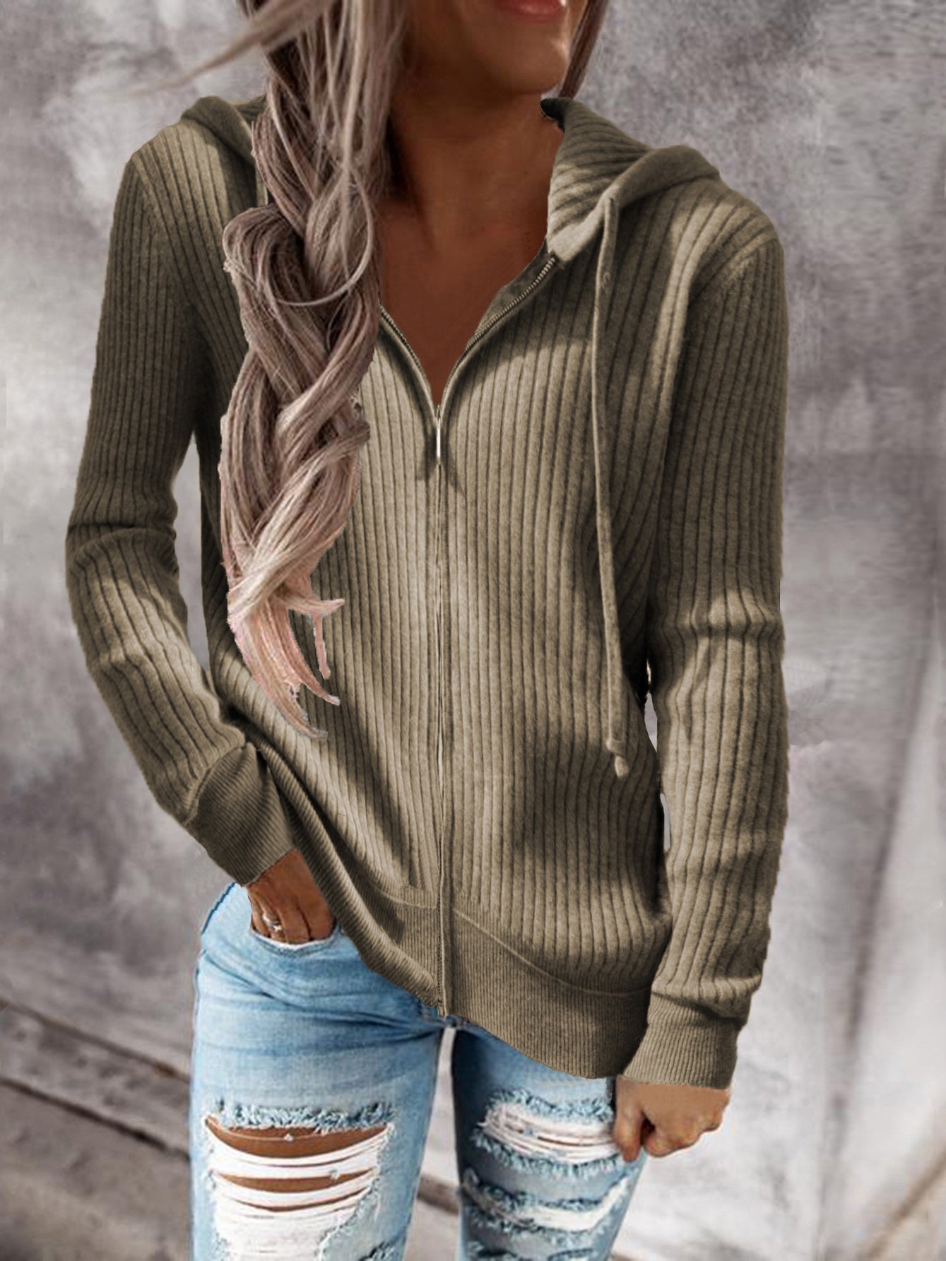 Drawstring Zipper Long Sleeve Hooded Pullover