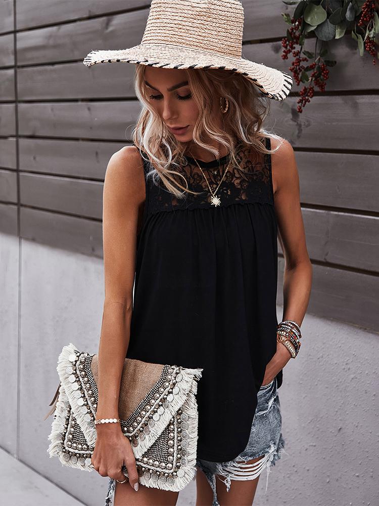 Sleeveless Round Lace Neck Casual Tank Top