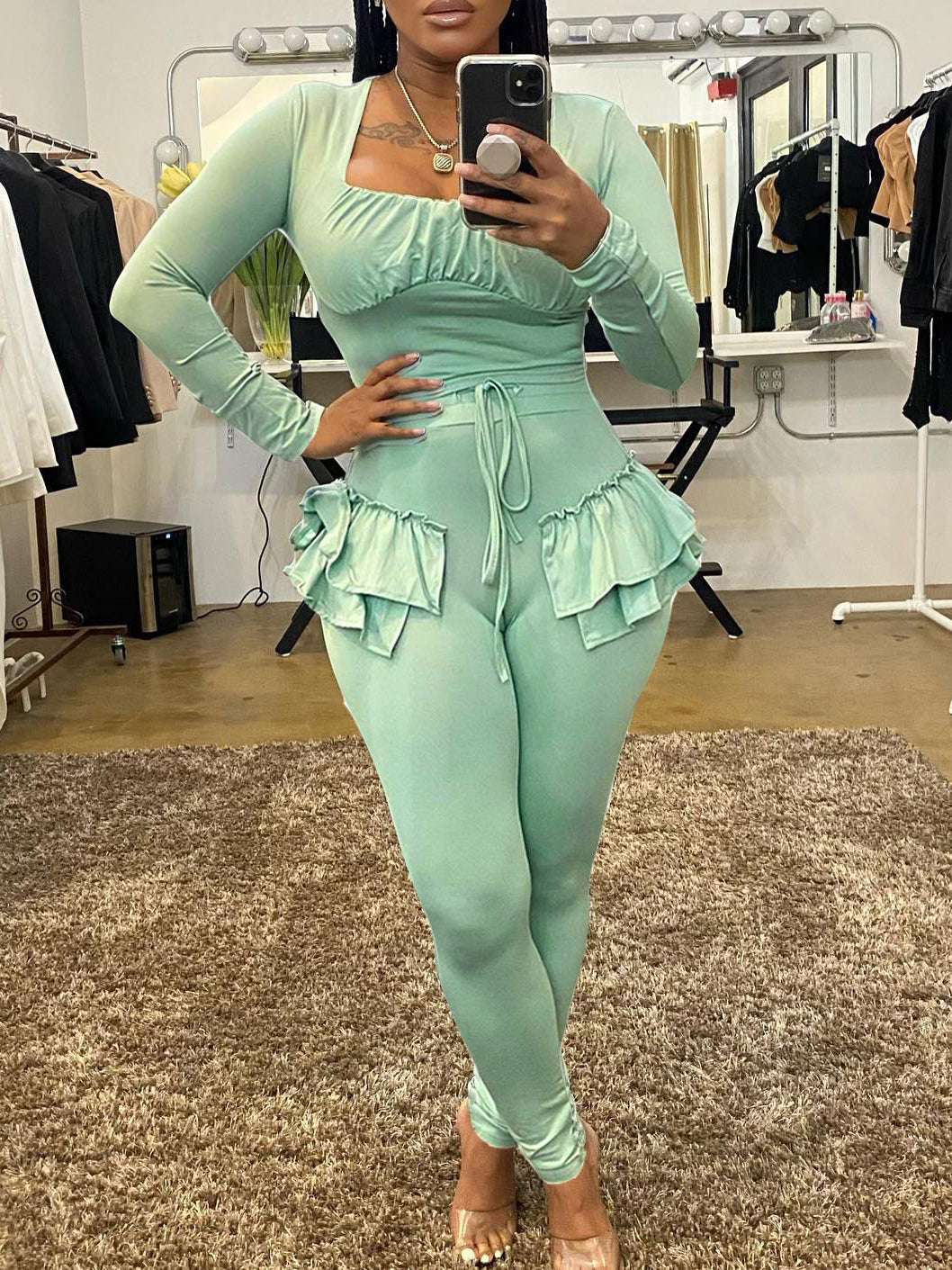 Two Piece Long Sleeve Tight Top and Ruffle High Waist Pant Set