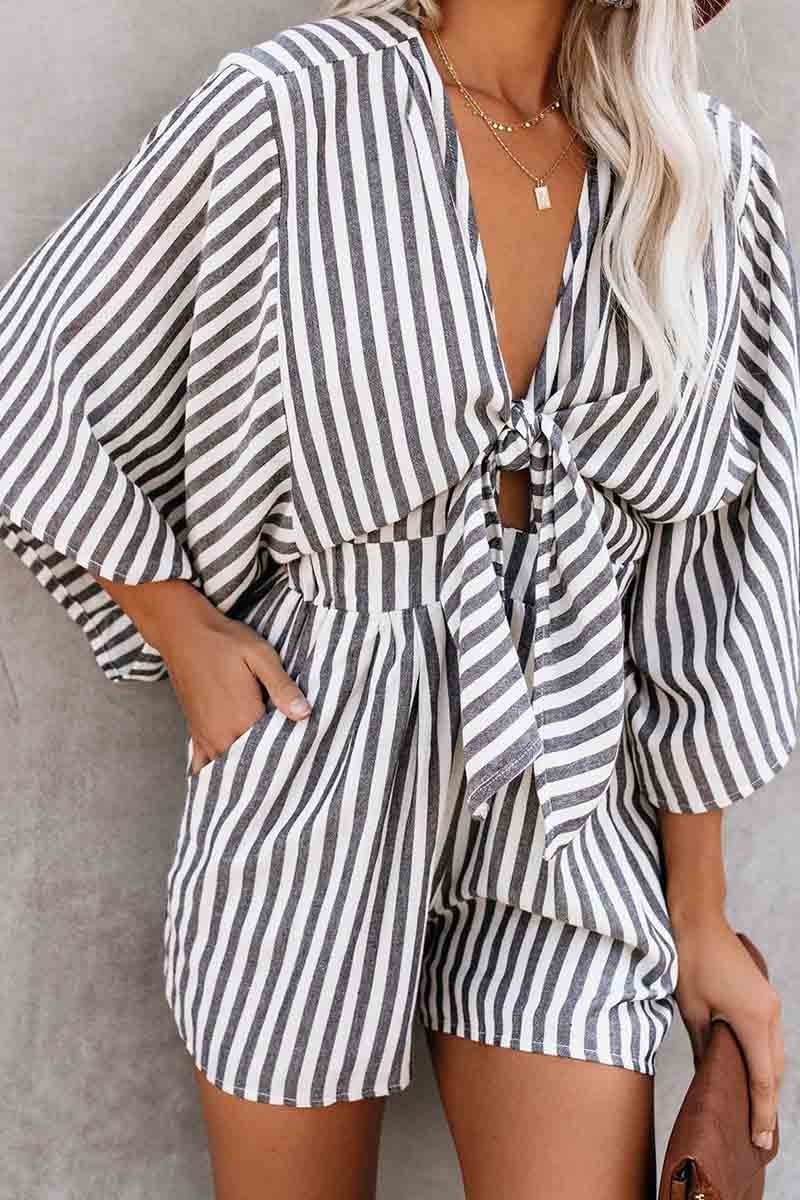 Striped Short Sleeve Loose Jumpsuit