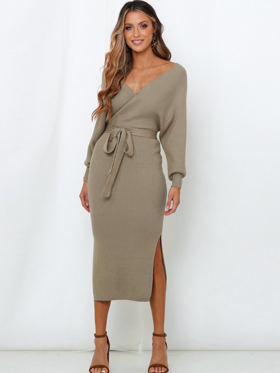 Sexy V Neck Mid-length Sweater Knitted Dress