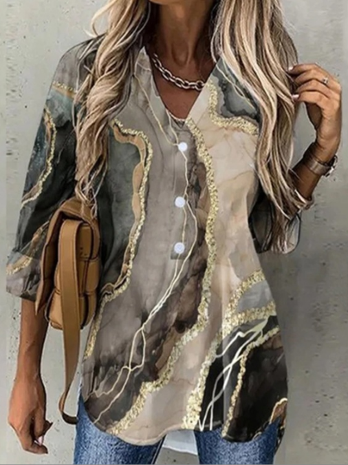 Button Down V-Neck Long Sleeve Printed Loose Shirt