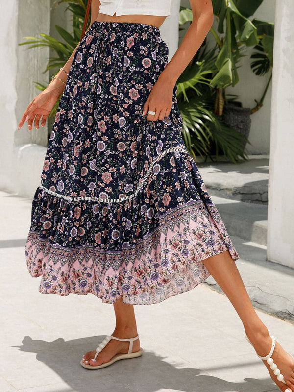 Floral Print Elastic High Waist Pleated Maxi Skirt