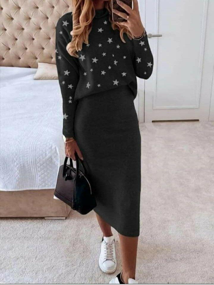 2 Piece Long Sleeve Sweater with Skirt Set