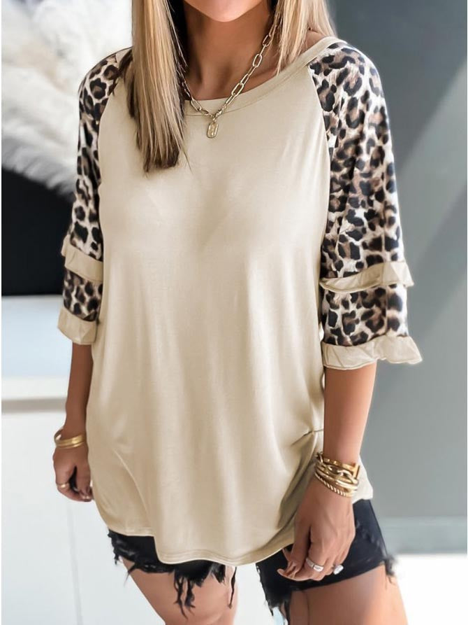 Leopard Sleeve Round Neck Loose Blouse Top