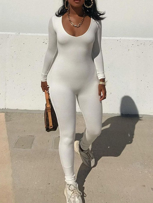 Solid Color Round Neck Long Sleeve Bodycon Jumpsuit