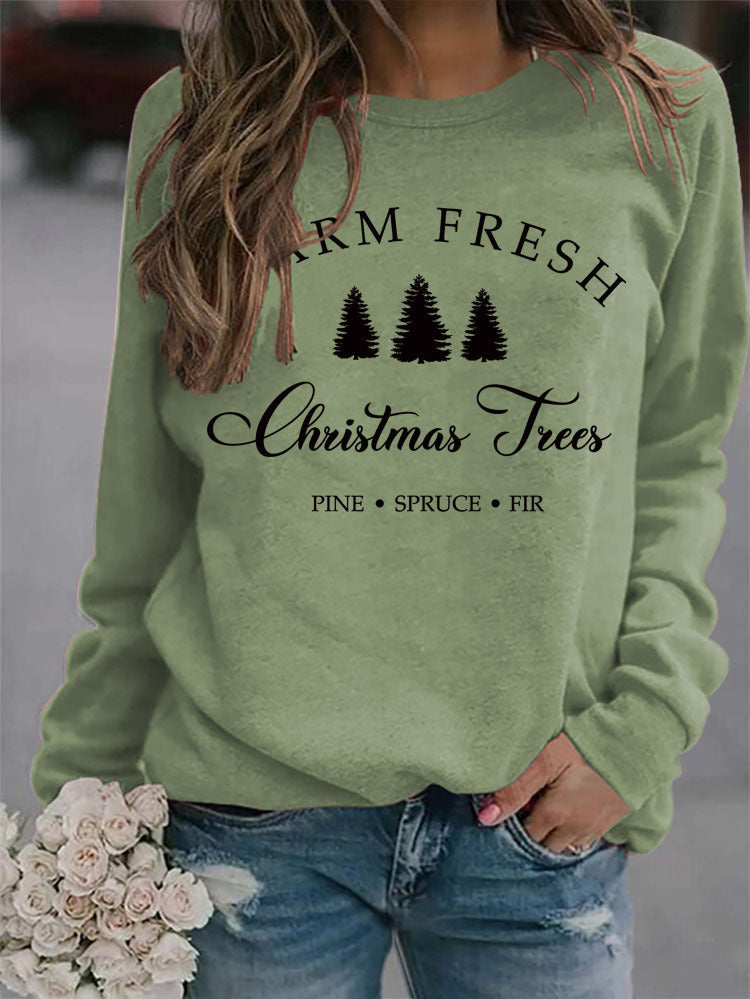 Crew Neck Solid Color Christmas Tree Printed Sweatshirt