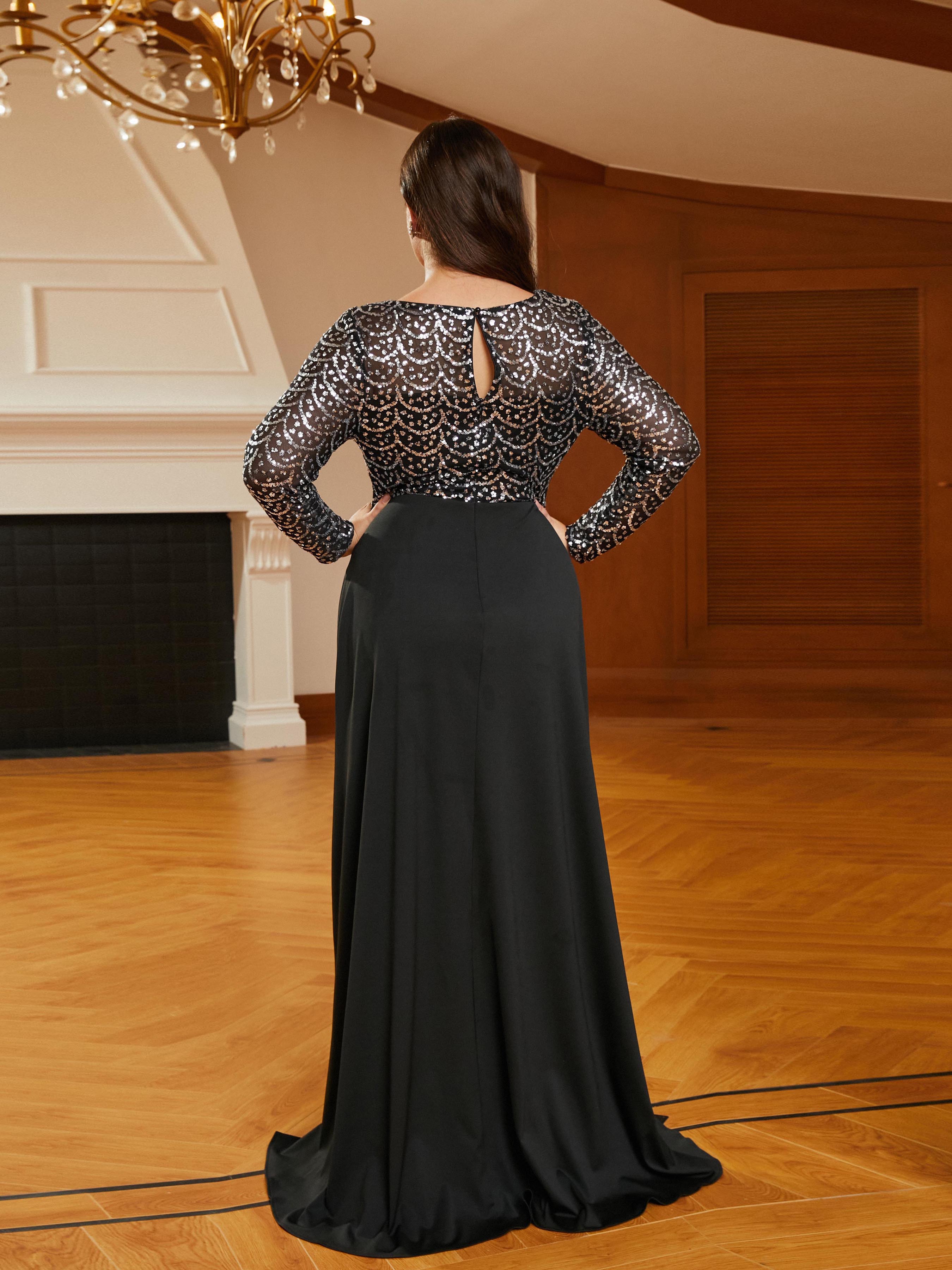 Plus Size Crew Collar Panel Sequin Black Evening Dress PRM20618
