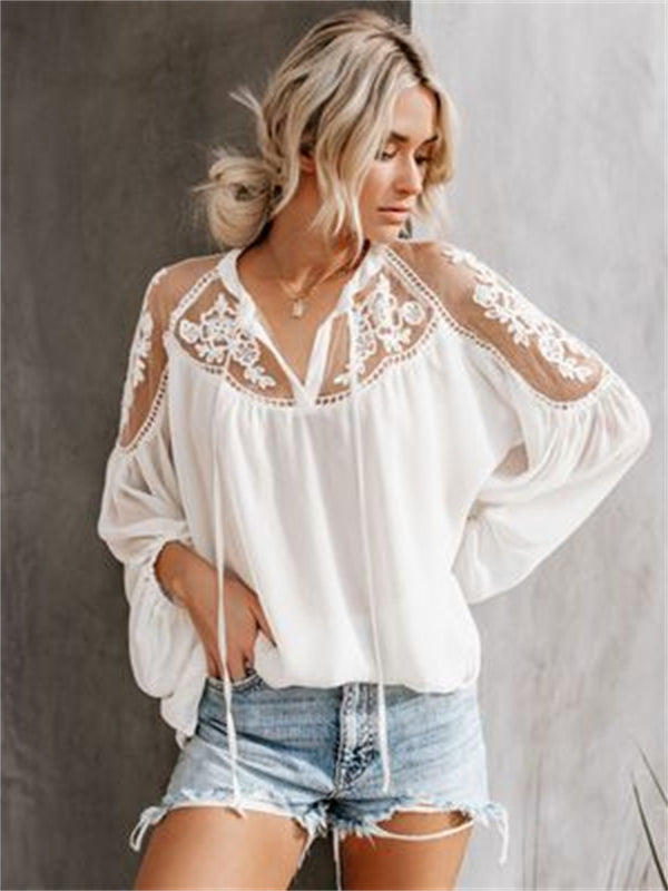 New Solid Color Upper Shoulder Hollow See-through Chiffon Shirt Ladies Shirt Large Size Loose V-neck Sexy Lace Bat Long-sleeved Shirt
