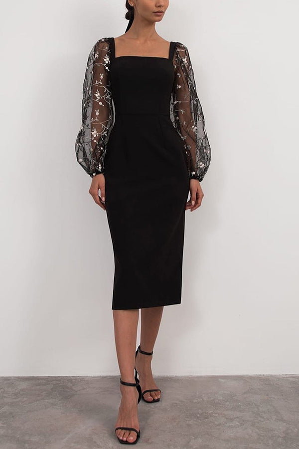 Classy Inclination Embroidered Floral Sleeve Formal Midi Dress