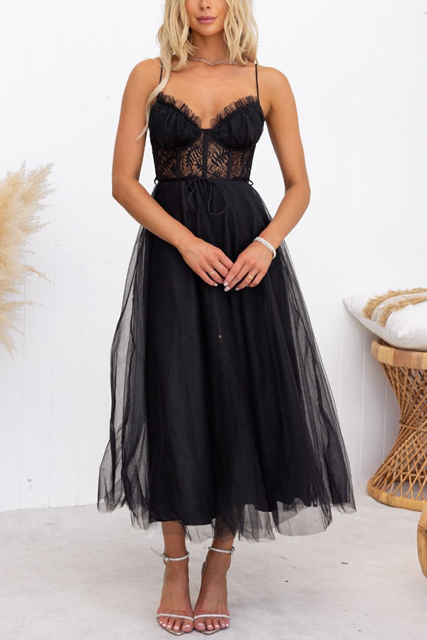 Carrie In Paris Tulle Lace Suspenders Party Maxi Dress