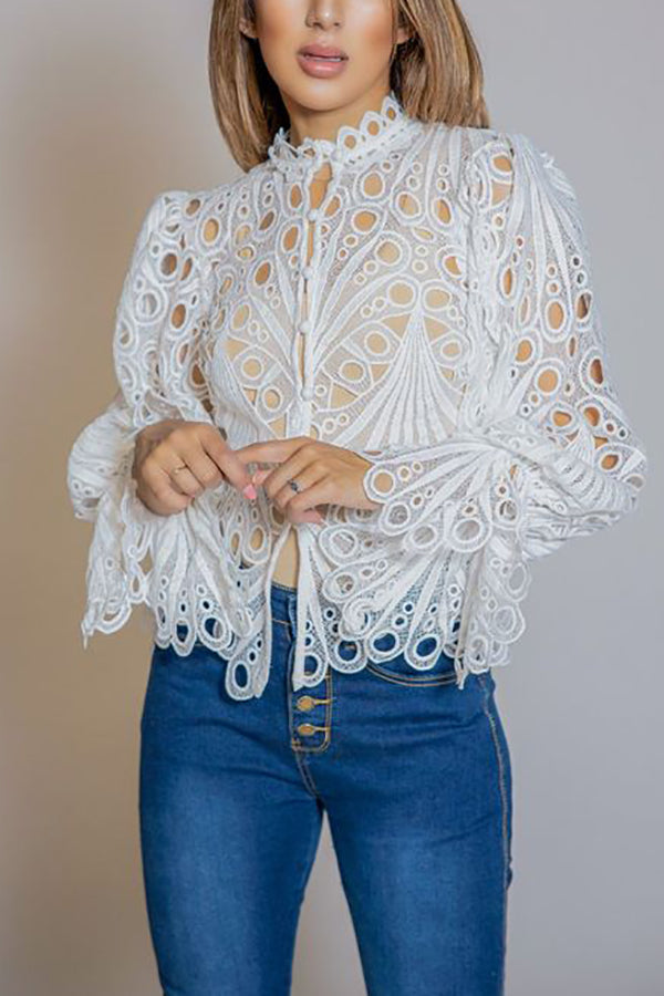 Hollow Lace Button Up Top