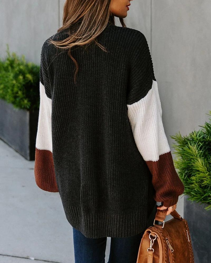 Color Block Long Sleeve Loose Knitted Coats