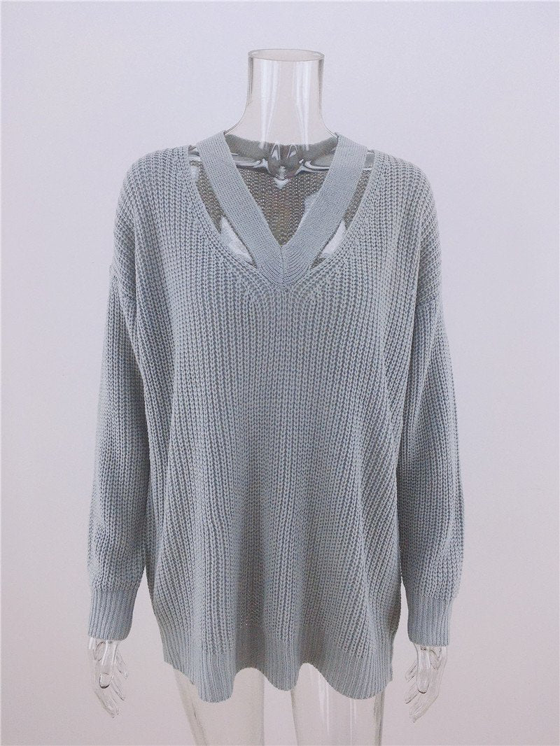 Casual V-neck Long Sleeve Knit Sweater