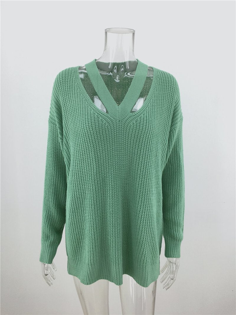 Casual V-neck Long Sleeve Knit Sweater