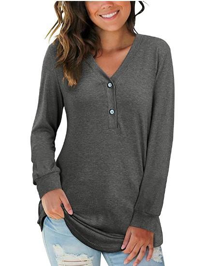 Ribbed Long Sleeve Henley Shirt Button Down Casual Tops