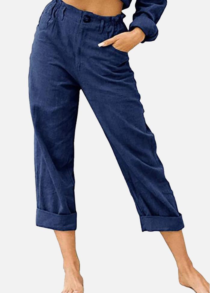 Button Solid Color Casual Pants