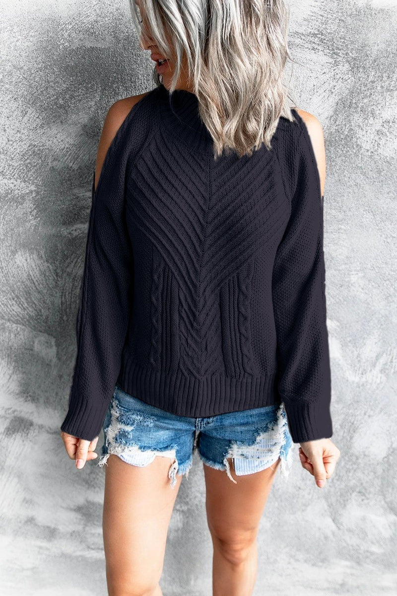 Cold Shoulder Round Neck Cable Knit Sweater