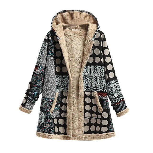 Printed Thick Fleece Hooded Pocketed Long Jacket