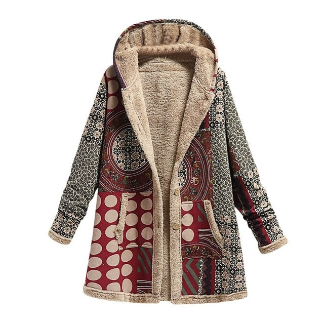 Printed Thick Fleece Hooded Pocketed Long Jacket