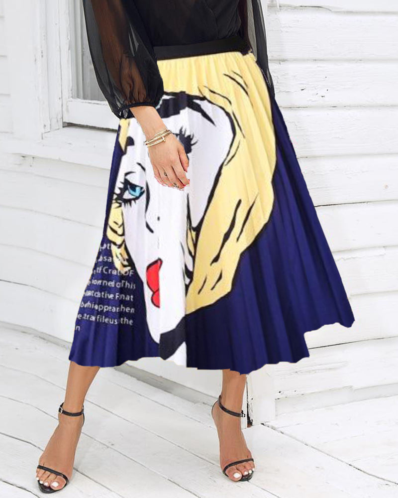 Allover Print Pleated High Waist Skirt